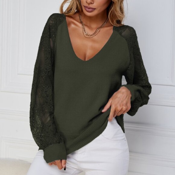 Cozy Floral Lace Sleeve Off Shoulder Sweater Top - Picture 16 of 16